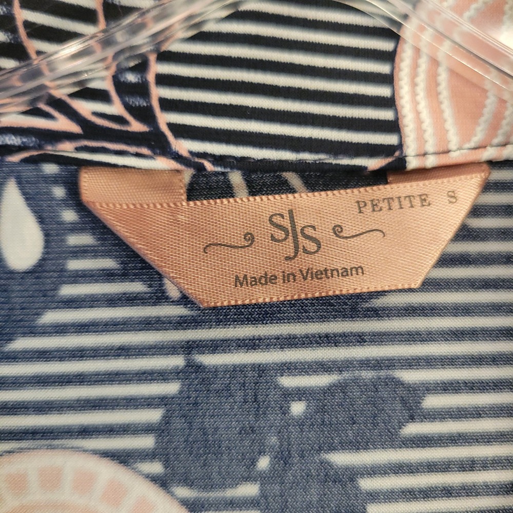 SJS Petite Floral Striped Button Down Blouse Pink Navy Blue PS T8538-PE-EL-RM - Picture 3 of 8
